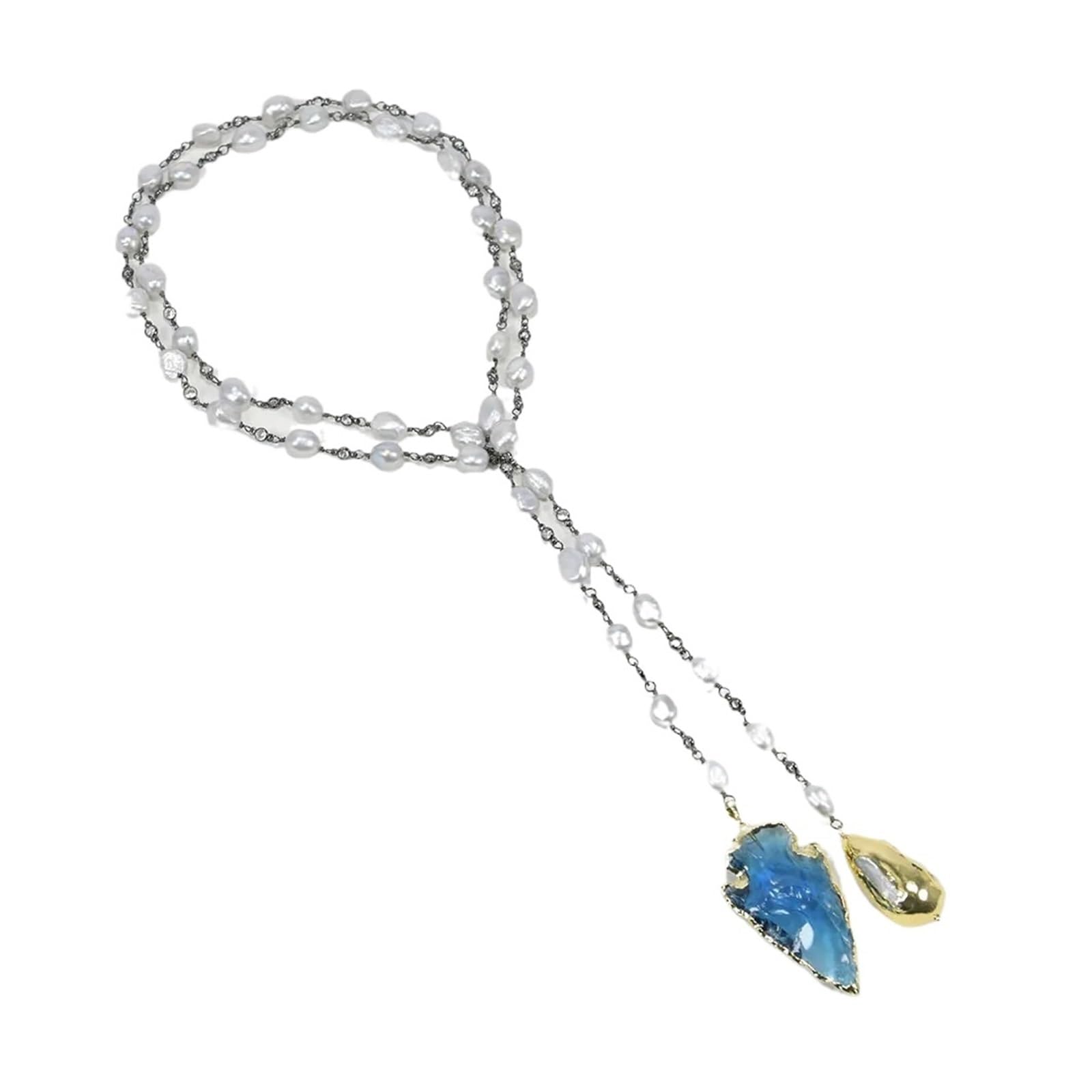 Collar largo con cadena pavimentada de circonia cúbica, Perla Barroca Keshi gris cultivada, color bronce, cristal azul, flecha áspera, colgante de perla Biwa