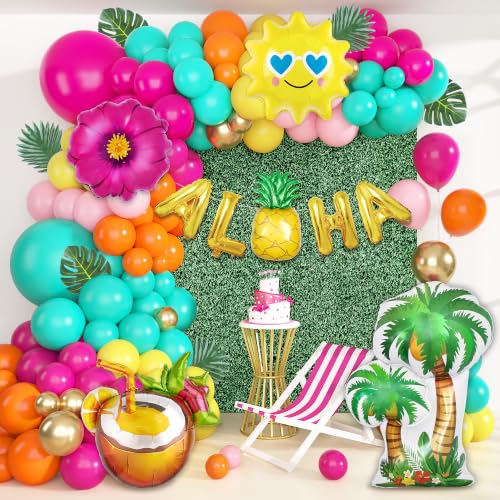 Image of Ouddy Life 189Pcs Tropical Balloons Arch Garland Kit, Summer Party Decor | Hawaiian Party Decorations with Aloha Pineapple Coconut Hot Pink Blue Balloon Palm Leaves for Baby Shower Birthday Supplies