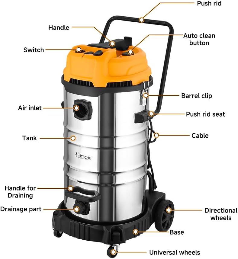Hoteche 20 Gallon Wet Dry Vacuum Cleaner, Industrial Shop Vac with 5-Piece Accessories, Dual-Motor, Metal Tank, for Garage, Workshop, Basement Flood Cleanup