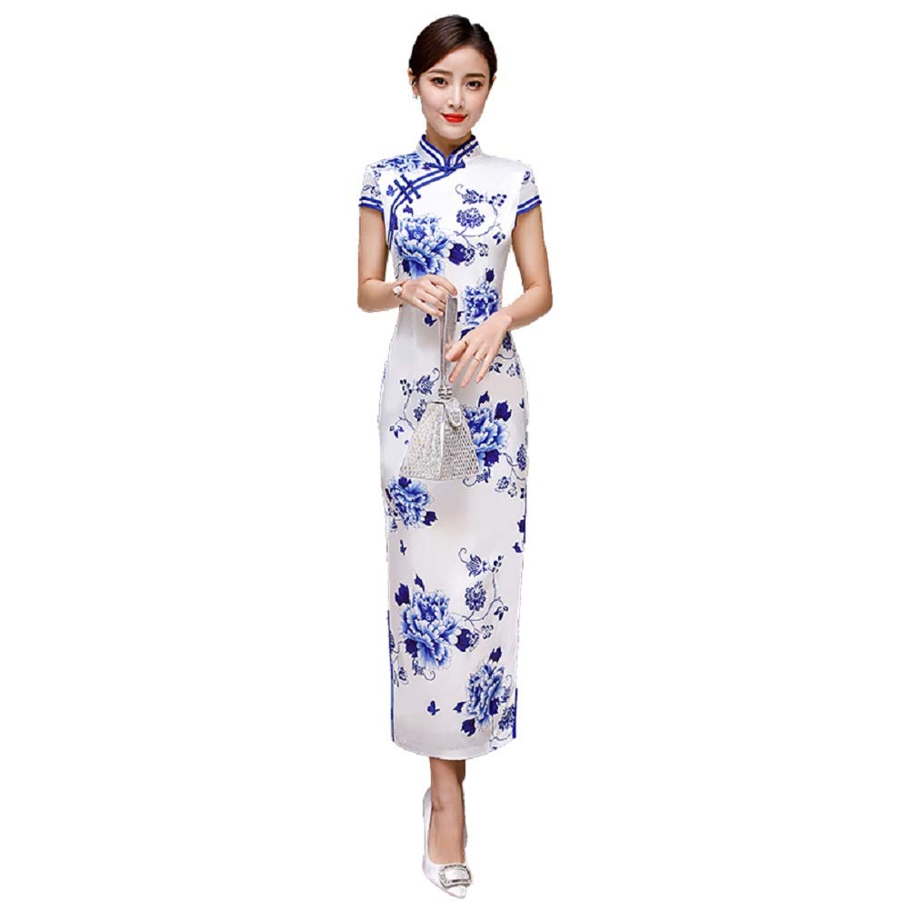 Lazutom Women's Blue Qipao Long Chinese Wedding Evening Dress Cheongsam