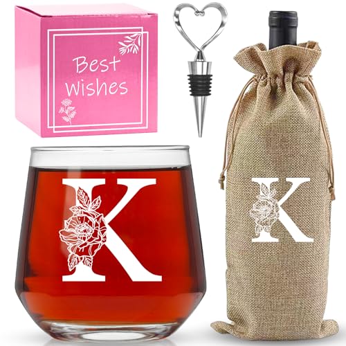 AiHeart Personalized Gifts for Women,Monogrammed A-Z Wine Glasses Gifts for Women,Wine Glass for Gift Box,Birthday Gifts for Mom Sister Grandma-K