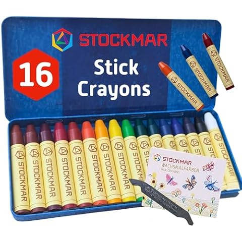 Stockmar Beeswax Stick Crayons, Set of 16 - Non Toxic, Jumbo Crayons, Beeswax Crayons For Toddlers, Kids -Waldorf Homeschool -Waldorf Art Supplies- Includes Storage Tin Cover