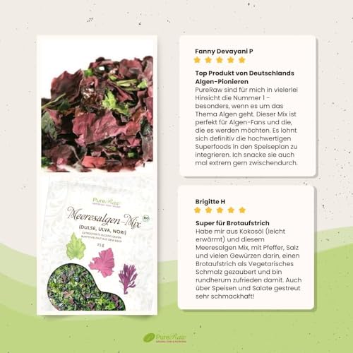 Meeresalgen-Mix Bio Algen-Flocken Getrocknet Atlantik - Dulse Ulva Meersalat Nori (Roh Vegan) Seetang Mischung Umami-Würze für Salat, Dashi, Salzersatz - Organic Raw Dried Seaweed Flakes I PureRaw 25g