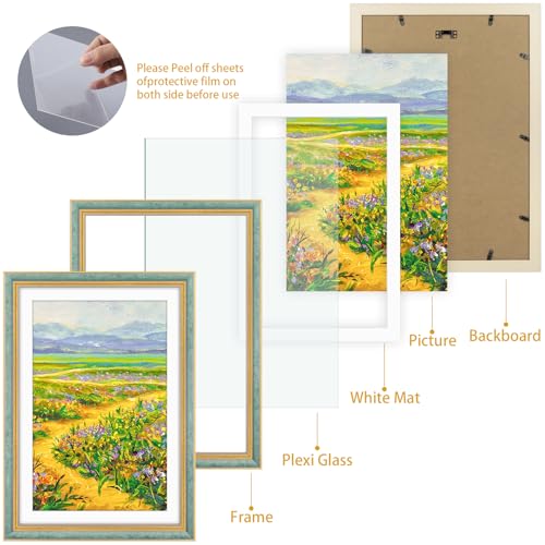 Image of Golden State Art,13x19 Ornate Picture Frame Holds 11x17 Photo,Blue Gold | Includes plexiglass front,white mat,build-in hangers and buttons.Displays 11x17 photo on wall