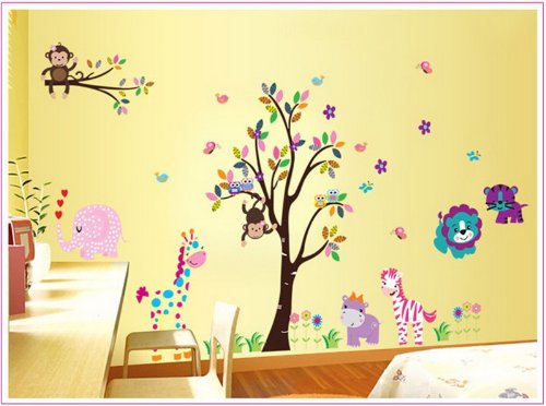 Gufo scimmia albero Stickers murali/gufo albero wall sticker Giraffe Animali Selvatici Zebra Elephant leone nella giungla Wall Sticker per Soggiorno Camera da letto dei bambini