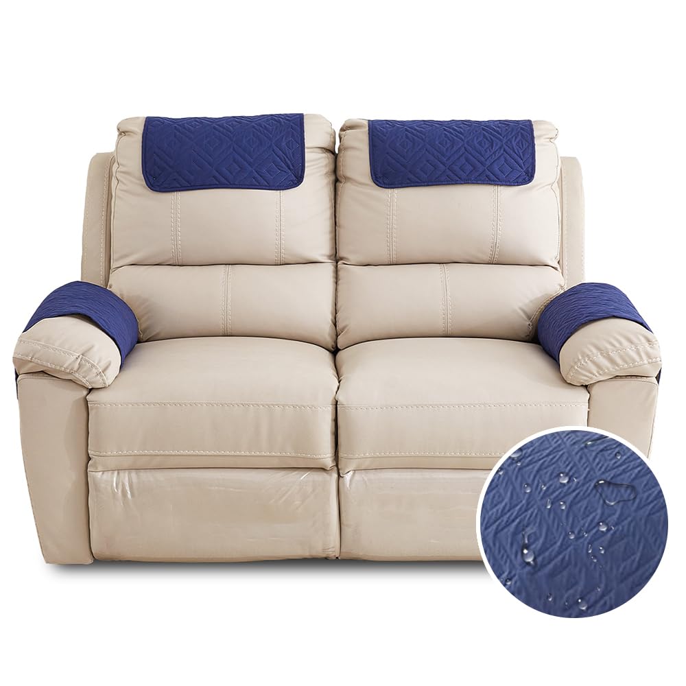 FANSU Armchair Covers for Arms Headrest Cover for Armchair Waterproof Slipcover with Side Pocket Nonslip & Washable & Abrasion Furniture Protector for Cat Dog Pets (2 Seater,Dark blue)