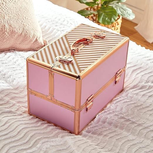 Image of ADSON Nylon Professional Makeup Box Cosmetics Case Jewelry Organiser Vanity Make Up Storage Box Beauty Train Case Lockable with Keys (Striped Rose Gold)