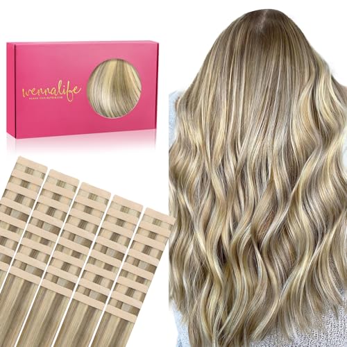 Image of WENNALIFE Tape in Hair Extensions Human Hair, 40pcs 100g 16 inch Ash Brown with Platinum Blonde Highlights Hair Extensions Real Human Hair Straight Tape in Extensions Invisible Human Hair Extensions