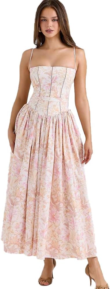 Women's Spaghetti Strap Maxi Dinner Party Dress Elegant Floral Print Holiday Dress 2025