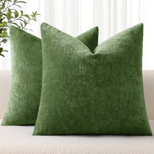 decorUhome Chenille Moss Green Throw Pillow Covers 18x18 Inch Set of 2, Decorative Soft Couch Pillow Covers Solid Dyed Accent Farmhouse Neutral Square Pillow...