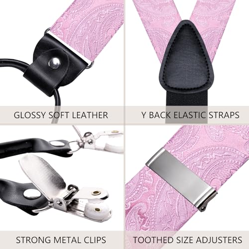 Image of Hi-Tie Mens Light Pink Suspender Set With Pre-Bow Tie Elastic Y Type 6 Clips Braces Tie Handkerchief Cufflinks 4Pcs for Wedding Party, Medium