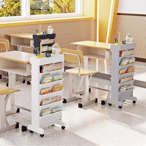 Image of 6 Tier Rolling Utility Cart Multi-Functional Movable Storage Book Shelves with Lockable Casters for Study Office Classroom, Black