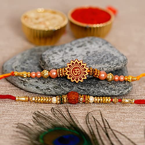 Image of eCraftIndia Set of 2 Om & Rudraksha Rakhis with Roli Pack - Rakhi for Brother