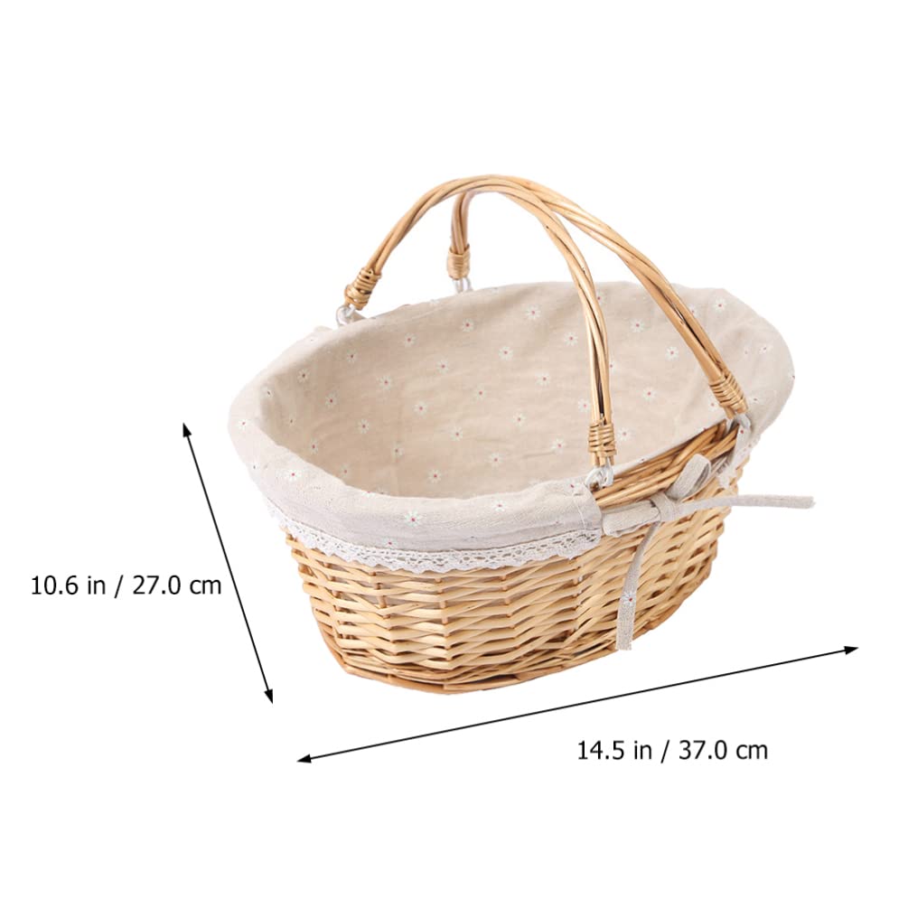 BESTonZON Multipurpose Wicker Basket with Handle - Oval Willow Picnic Basket, Wedding Storage Basket, Empty Basket with Liner for Fruits, Wine 37.00X27.00X17.00CM