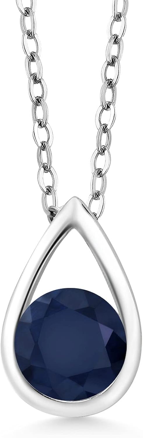 Gem Stone King Collar con colgante de zafiro azul de plata de ley 925 para mujer (0.60 quilates, piedra natal de piedras preciosas redondas,