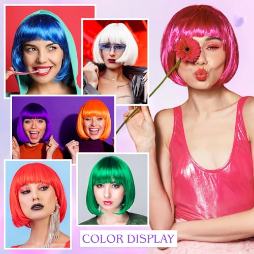 Image of MEEZY 2 Pcs Colorful Bob Wigs with Bang Sky Blue Light Purple for Women, Neon Funny Wig Short Bob Hair with Heart Sunglasses Hair Cap for Halloween Costume Cosplay Birthday Bachelorette Party Carnival