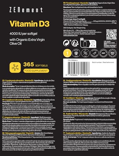 Vitamin D3 4000 IU, Full Year Supply, 365 Softgels | (Cholecalciferol), with Organic Extra Virgin Olive Oil | Bones, Muscles and Immune System | Soy Free, Non-GMO | Zenement - Image 5