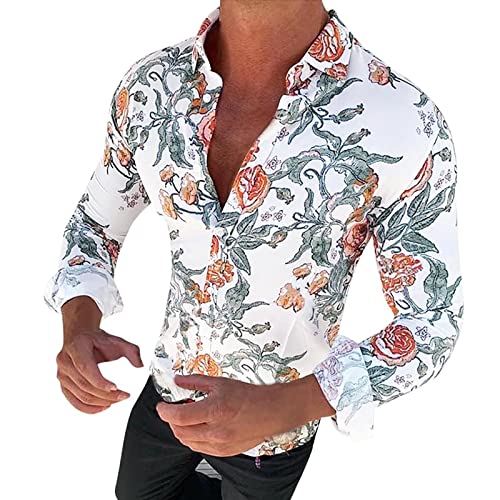 Camisa casual de manga larga con estampado de flores para hombre, blusa ajustada con gráfico, blanco, L