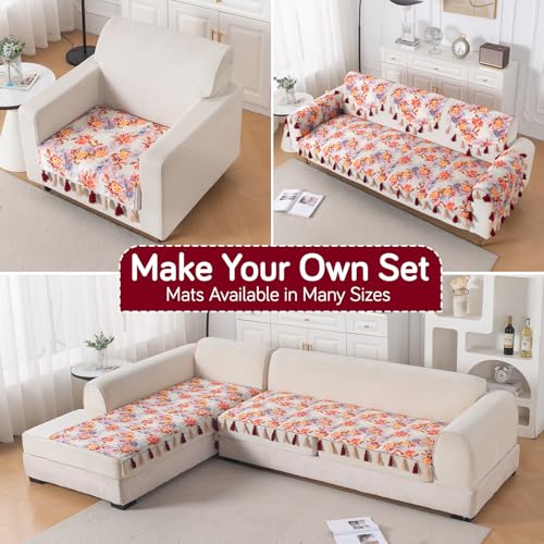 Image of HOKIPO Sofa Cover Mat with Tassel for 1 /2 /3 Seater & L Shape Sofa | DIY Sofa Cover Set | Digital Printed Holland Velvet | 'Whispers of Nature' | 70(W) x 120(L) cm | Vintage Rose Bloom (IN-1119-D12)