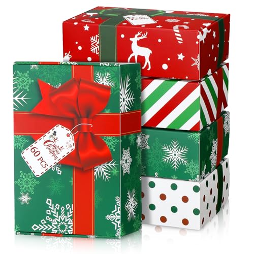 Tenceur 60 Pcs Christmas Gift Box with Lid Christmas Shipping Boxes Cardboard Xmas Holiday Boxes for Cookie Chocolate Dessert Small Business Packaging Mailing Mailers Home Supplies, 6 x 4 x 2 Inches