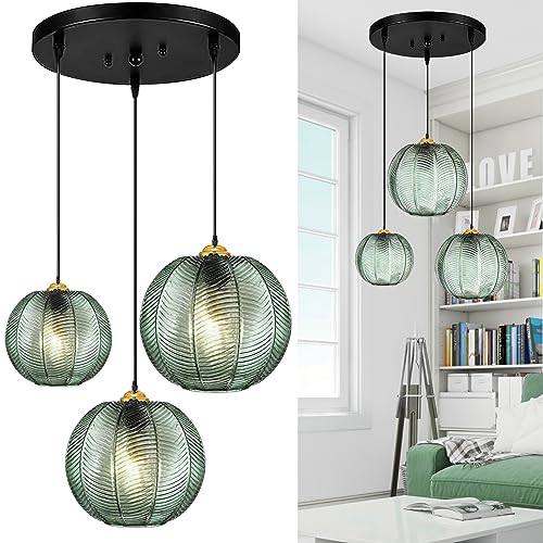 GCQ 3 in 1 Grandi Lampade a Sospensione in vetro, Verde E26 E27 Lampadario di Vetro Mid Century Moderno Lampadario a Coste in Vetro Soffiato Globe Shade Hanging Light Plafoniera