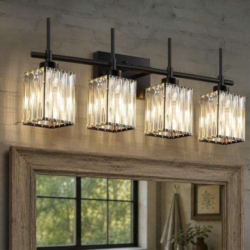 Image of Torondo Modern Crystal Bathroom Vanity Light 4-Lights Matte Black Bathroom Light Fixtures Over Mirror Matte Black Vanity Lighting Fixtures Square Shade Brass Wall Sconce (Bulbs Not Include)