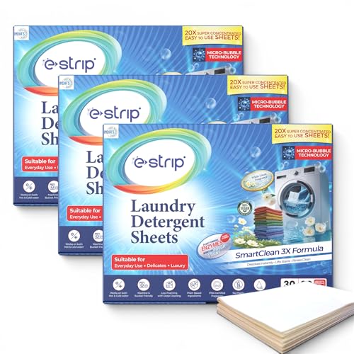 Image of eStrip SmartClean 3X Laundry Detergent Sheets - 90 Sheets, Ultra-Concentrated Eco-Friendly,Dissolves Instantly, Liquid & Pod Alternative, Works for Front & Top Load & Hand Wash, Tough Stain Removal