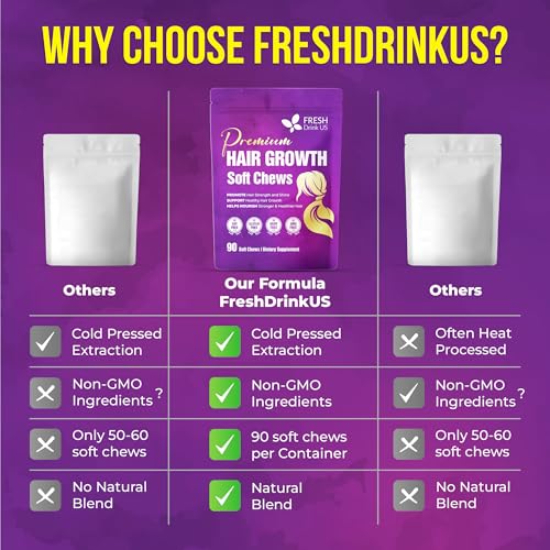 Image of FreshDrinkUS, Premium Hair Growth Soft Chews | 90 Count | Daily Beauty - Delicious Chewable Formula for Everyday Hair Routine - Non-GMO, Gluten Free, Dairy Free