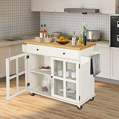 LAZZO Kitchen Island on Wheels Rolling, Home Kitchen Cart with Pine Countertop, Large Storage Trolley Cart with Cabinet, Drawer, Spice Rack, Towel Rack&Handle,Store Dining Utensils&Tableware (Beige) - Thumbnail 6
