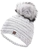Faera Gorro de Invierno cálido Forro y Piel sintética Gorro de pompón Forro Polar Gorro de Invierno de Punto Gorro de Punto Hombre Mujer Talla única, Color:Blanco