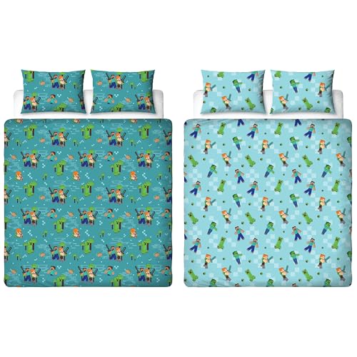 Minecraft Officially Licensed Movie Double Duvet Cover Set | Reversible Level Up Duvet Cover Set 2 Sided Includes Matching Pillowcases | Double Set