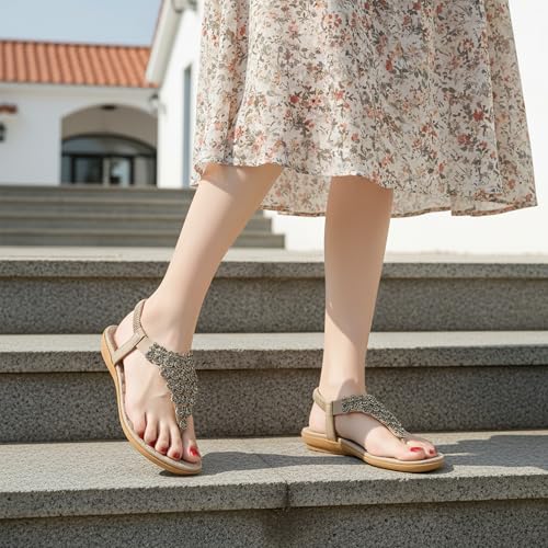 Image of HARENCE Flat Sandals for Women Dressy: Comfort Thong T-Strap Walking Shoes 2026 with Elastic Ankle Strap for Summer Casual Vacation