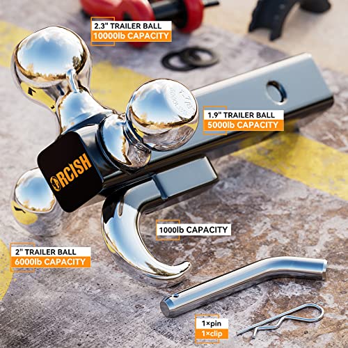 Orcish Trailer Hitch Tri-Ball Mount With Hook & Pin, Trailer Ball Size 1-7/8", 2" And 2-5/16", Fit 2 Inch Hitch Receiver, 2/3 In 1 Ball Truck Hitch, Tow Hitch #TOP1