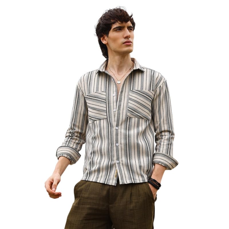 Image of CAHOOT Men's Multitrack Striped Oversized Shirt for Casual Wear | Spread Collar | Long Sleeve | Button Closure | Oversized Shirt Crafted with Comfort Fit for Everyday Wear