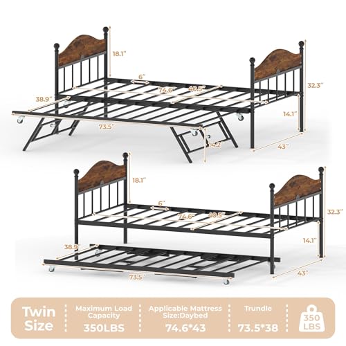 Image of Garvee Twin Daybed with Trundle, Twin Bed Frame with with Stylish Headboard, Heavy Duty Steel Slats Platform for Living Room, Bedroom, Brown