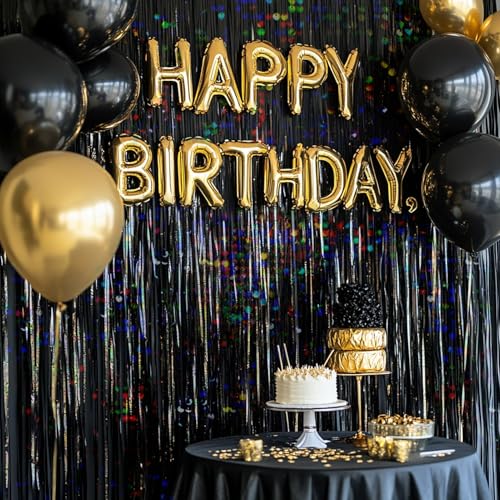 Image of 4 Packs Black Foil Fringe Curtain, Glitter Metallic Tinsel Backdrop for Birthday, Wedding, Bridal Shower, Halloween, Gold and Black Party Decorations Supplies