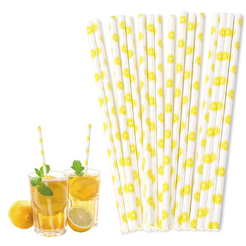 100 Pack Lemon Straws Yellow Paper Straws Disposable Drinking Straw for Cocktails Lemonade Daily Use and Holiday Party