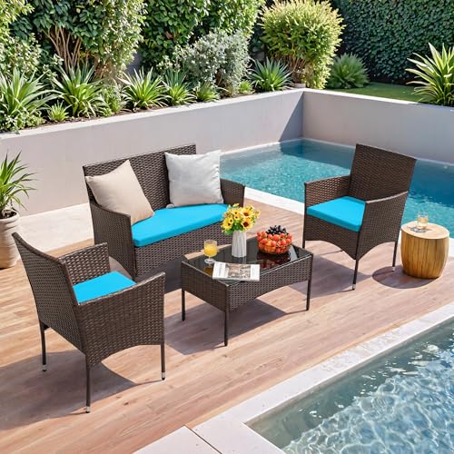 Image of Homall 4 Pieces Patio Rattan Chair Wicker, Outdoor Indoor Use Backyard Porch Garden Poolside Balcony Furniture Sets (Blue)