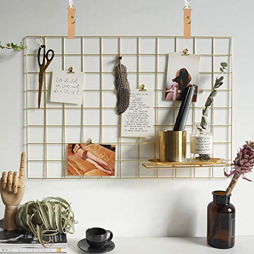 FRIADE Gold Wire Wall Grid Panel for Photo Display,Display Ledge,Wall Storage Organizer for Kitchen,Living Room,Bedroom，10 Metal Clips&2 Leather Straps&3 Nails Offered,Set of 1 (Gold, 25.5”x17.7”)