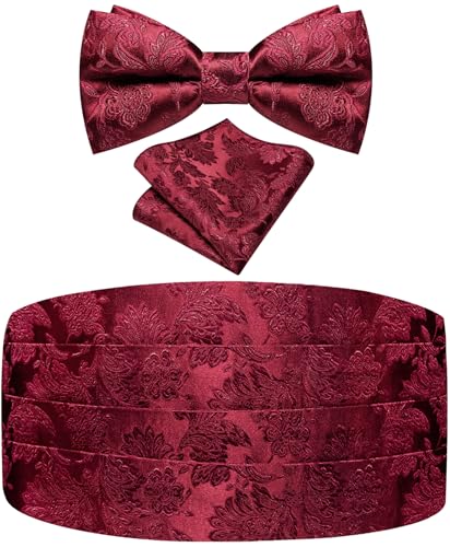 Image of Paisley Floral Tuxedo Cummerbund Bow Tie Pocket Square Set for Men | 3-piece set:cummerbund,bow tie&pocket square.Adjustable back for comfort.Silk blend,wedding,proms,black tie&formal events.