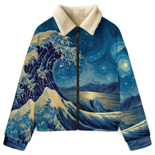 Veste d'hiver chaud sherpa imprimé artistique haut de gamme avec finitions zippées