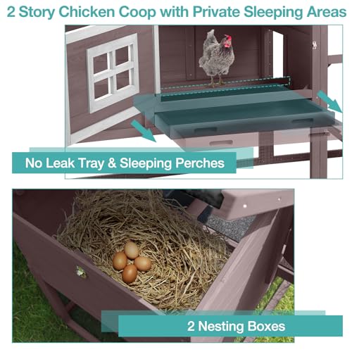 Chicken Coop, Mobile Chicken House with with Wheel, Outdoor Hen House Poultry Cage with Nesting Box, Leakproof Pull Out Tray and UV-Resistant Roof (Brown)