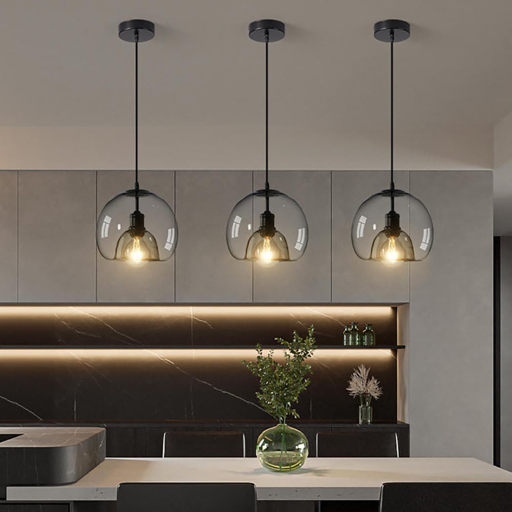 Glass Pendant Light Fixture Set of 2, Modern Double Glass Hanging Light, Farmhouse Ceiling Pendant Light for Bedroom Kitchen Island Smoky Finish