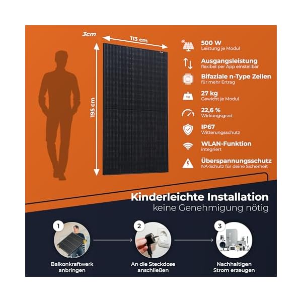 Solarway® Balkonkraftwerk 2000W komplett Steckdose - neuester 2000W Wechselrichter - Solaranlage Komplettset - 500W bifaziale Solarmodule & Deye & Zubehör – Bild 5