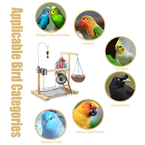 Image of Bird Stand Fun Straw Bell Toys,Parrot Wooden Platform Stand with Perch Ladder, Swing, Bell & Feeder