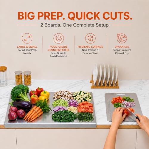 Image of Stainless Steel Chopping Board Set of 2 (41x31 cm + 31x21 cm) | 304 Steel Cutting Board for Kitchen Large & Medium | Counter Top Lip + Measurement Scale | Rust Proof Chopper Board