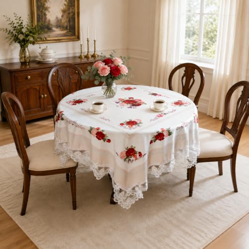 SUTAVIA Tablecloth Offwhite 70"x70" Square Embroidery Lace Rose Pattern