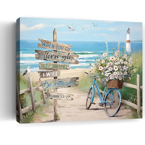 Beach Canvas Wall Art Bathroom Ocean Picture Seaside Bike With Fence Canvas Print Seascape Painting Teal Aqua Blue Calm Coastal Artwork Modern Coastal Theme Home Bedroom Decor Hanging 12x16 Inch