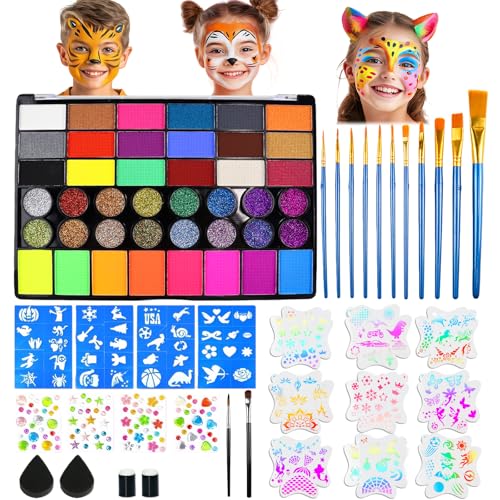 Palette Maquillage Enfant,42 Couleurs Peinture Visage Enfant avec 12 Pinceaux,Peinture Corporelle...