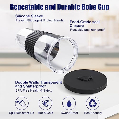Eleattrun 2 Pack Boba Cup 24 Oz Iced Coffee Cup Reusable Coffee Cup With Lid And Straw Clear Plastic Boba Cup Leakproof Double Wall Smoothie Cup Travel Coffee Cup Ice Coffee Cup (24Oz, Black + Gray) #TOP3